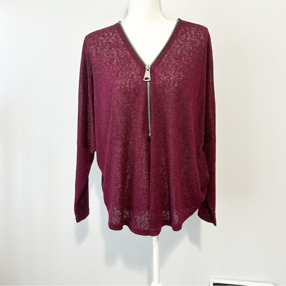 Joan Vass Burgundy Knit Sweater top zipper detail size large dolman classy